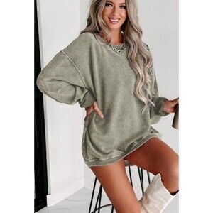 Women’s Sweatshirt Solid Ribbed Knit Round Neck Pullover, Green‎